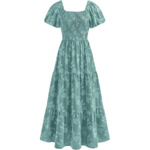 image:imagePRETTYGARDEN Womens 2026 Summer Boho Maxi Dresses Floral Short Sleeve Square Neck Smocked Flowy Long Dress Vacation OutfitsSage Green