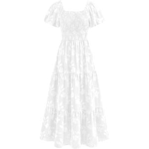 image:imagePRETTYGARDEN Womens 2026 Summer Boho Maxi Dresses Floral Short Sleeve Square Neck Smocked Flowy Long Dress Vacation OutfitsWhite