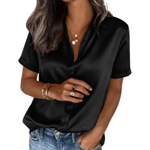 image:imagePRETTYGARDEN Womens 2026 Summer Button Down Shirts Short Sleeve Work Tops Dressy Satin Blouses Spring Business Casual OutfitsBlack