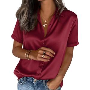 image:imagePRETTYGARDEN Womens 2026 Summer Button Down Shirts Short Sleeve Work Tops Dressy Satin Blouses Spring Business Casual OutfitsBurgundy