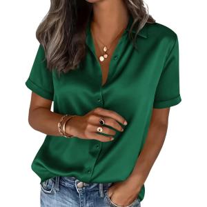 image:imagePRETTYGARDEN Womens 2026 Summer Button Down Shirts Short Sleeve Work Tops Dressy Satin Blouses Spring Business Casual OutfitsDark Green