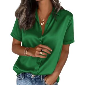 image:imagePRETTYGARDEN Womens 2026 Summer Button Down Shirts Short Sleeve Work Tops Dressy Satin Blouses Spring Business Casual OutfitsGreen