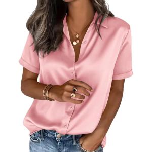 image:imagePRETTYGARDEN Womens 2026 Summer Button Down Shirts Short Sleeve Work Tops Dressy Satin Blouses Spring Business Casual OutfitsPink