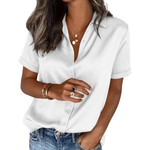 image:imagePRETTYGARDEN Womens 2026 Summer Button Down Shirts Short Sleeve Work Tops Dressy Satin Blouses Spring Business Casual OutfitsWhite
