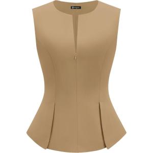 image:imagePRETTYGARDEN Womens 2026 Summer Vest Tops Business Casual Going Out Outfits Sleeveless Zip Up Dressy Tank Top Suit WaistcoatKhaki