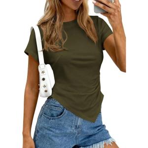 image:imagePRETTYGARDEN Womens Asymmetrical Tops 2026 Spring Summer Going Out Shirts Y2K Short Sleeve Crew Neck Ruched Trendy ClothesArmy Green