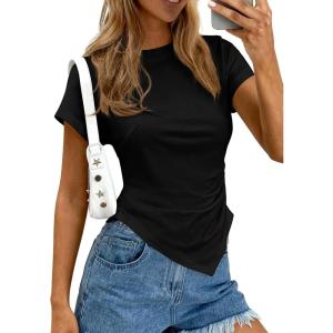 image:imagePRETTYGARDEN Womens Asymmetrical Tops 2026 Spring Summer Going Out Shirts Y2K Short Sleeve Crew Neck Ruched Trendy ClothesBlack