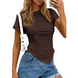 image:imagePRETTYGARDEN Womens Asymmetrical Tops 2026 Spring Summer Going Out Shirts Y2K Short Sleeve Crew Neck Ruched Trendy ClothesBrown