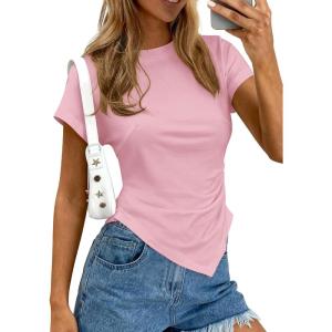 image:imagePRETTYGARDEN Womens Asymmetrical Tops 2026 Spring Summer Going Out Shirts Y2K Short Sleeve Crew Neck Ruched Trendy ClothesPink