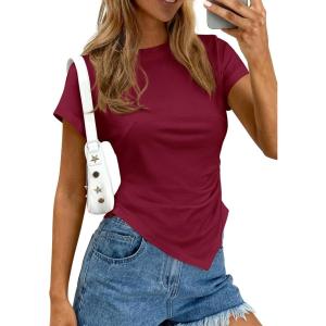 image:imagePRETTYGARDEN Womens Asymmetrical Tops 2026 Spring Summer Going Out Shirts Y2K Short Sleeve Crew Neck Ruched Trendy ClothesWine Red