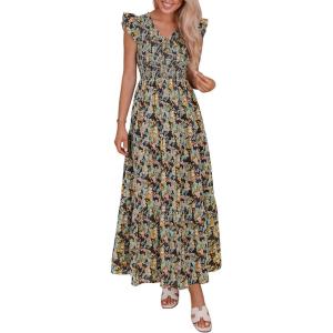 image:imagePRETTYGARDEN Womens Boho Floral Maxi Dress 2026 Summer Smocked V Neck Ruffle Sleeve Spring Flowy Beach Vacation SundressesBlack