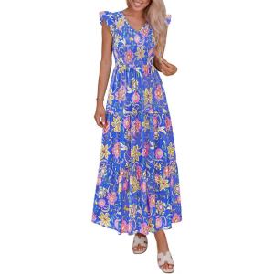 image:imagePRETTYGARDEN Womens Boho Floral Maxi Dress 2026 Summer Smocked V Neck Ruffle Sleeve Spring Flowy Beach Vacation SundressesBlue
