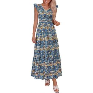 image:imagePRETTYGARDEN Womens Boho Floral Maxi Dress 2026 Summer Smocked V Neck Ruffle Sleeve Spring Flowy Beach Vacation SundressesBlue Floral