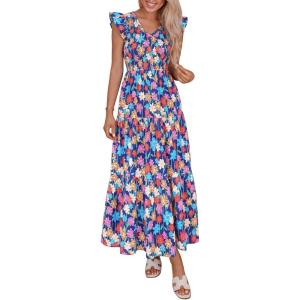 image:imagePRETTYGARDEN Womens Boho Floral Maxi Dress 2026 Summer Smocked V Neck Ruffle Sleeve Spring Flowy Beach Vacation SundressesBlue Multicolored Floral