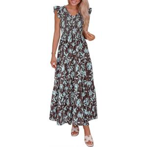 image:imagePRETTYGARDEN Womens Boho Floral Maxi Dress 2026 Summer Smocked V Neck Ruffle Sleeve Spring Flowy Beach Vacation SundressesBrown Blue Floral