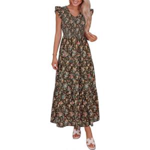 image:imagePRETTYGARDEN Womens Boho Floral Maxi Dress 2026 Summer Smocked V Neck Ruffle Sleeve Spring Flowy Beach Vacation SundressesBrown Pink Floral