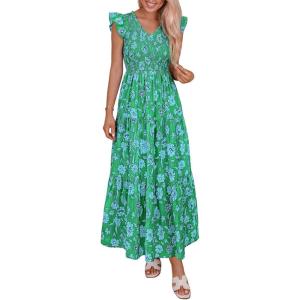 image:imagePRETTYGARDEN Womens Boho Floral Maxi Dress 2026 Summer Smocked V Neck Ruffle Sleeve Spring Flowy Beach Vacation SundressesGreen White Floral