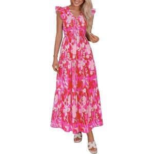 image:imagePRETTYGARDEN Womens Boho Floral Maxi Dress 2026 Summer Smocked V Neck Ruffle Sleeve Spring Flowy Beach Vacation SundressesRose Red