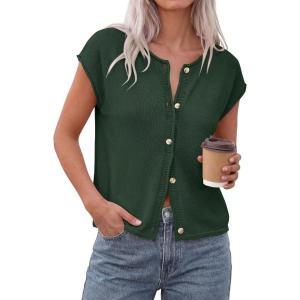 image:imagePRETTYGARDEN Womens Cap Short Sleeve Sweater Vest 2026 Spring Summer Lightweight Button Down Cardigans Trendy Loose TopsArmy Green
