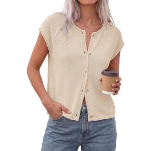 image:imagePRETTYGARDEN Womens Cap Short Sleeve Sweater Vest 2026 Spring Summer Lightweight Button Down Cardigans Trendy Loose TopsBeige
