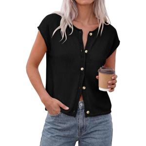 image:imagePRETTYGARDEN Womens Cap Short Sleeve Sweater Vest 2026 Spring Summer Lightweight Button Down Cardigans Trendy Loose TopsBlack