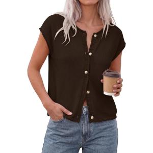 image:imagePRETTYGARDEN Womens Cap Short Sleeve Sweater Vest 2026 Spring Summer Lightweight Button Down Cardigans Trendy Loose TopsBrown