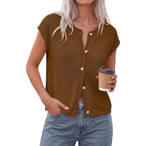 image:imagePRETTYGARDEN Womens Cap Short Sleeve Sweater Vest 2026 Spring Summer Lightweight Button Down Cardigans Trendy Loose TopsKhaki