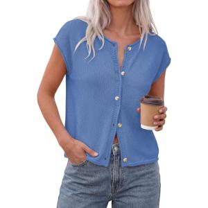 image:imagePRETTYGARDEN Womens Cap Short Sleeve Sweater Vest 2026 Spring Summer Lightweight Button Down Cardigans Trendy Loose TopsLight Blue
