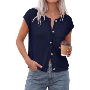 image:imagePRETTYGARDEN Womens Cap Short Sleeve Sweater Vest 2026 Spring Summer Lightweight Button Down Cardigans Trendy Loose TopsNavy Blue