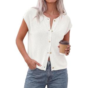 image:imagePRETTYGARDEN Womens Cap Short Sleeve Sweater Vest 2026 Spring Summer Lightweight Button Down Cardigans Trendy Loose TopsWhite