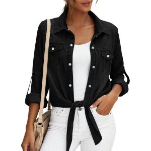 image:imagePRETTYGARDEN Womens Denim Shirts Long Sleeve Button Down Shirt Women Tie Knot Front Cardigans Summer Jean Crop Tops JacketsBlack