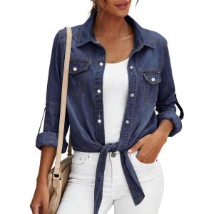 image:imagePRETTYGARDEN Womens Denim Shirts Long Sleeve Button Down Shirt Women Tie Knot Front Cardigans Summer Jean Crop Tops JacketsDark Blue