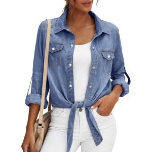 image:imagePRETTYGARDEN Womens Denim Shirts Long Sleeve Button Down Shirt Women Tie Knot Front Cardigans Summer Jean Crop Tops JacketsLight Blue