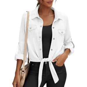 image:imagePRETTYGARDEN Womens Denim Shirts Long Sleeve Button Down Shirt Women Tie Knot Front Cardigans Summer Jean Crop Tops JacketsWhite