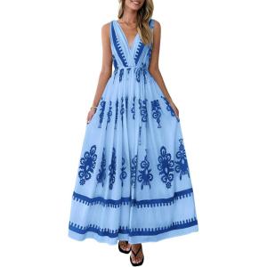 image:imagePRETTYGARDEN Womens Floral Maxi Dress 2026 Sleeveless Vneck Belt Ruffle Long Dresses Boho Summer Beach Vacation ClothesBlue