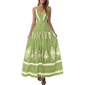 image:imagePRETTYGARDEN Womens Floral Maxi Dress 2026 Sleeveless Vneck Belt Ruffle Long Dresses Boho Summer Beach Vacation ClothesGreen