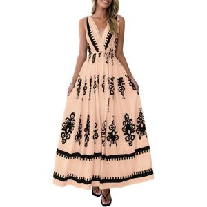 image:imagePRETTYGARDEN Womens Floral Maxi Dress 2026 Sleeveless Vneck Belt Ruffle Long Dresses Boho Summer Beach Vacation ClothesKhaki