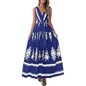 image:imagePRETTYGARDEN Womens Floral Maxi Dress 2026 Sleeveless Vneck Belt Ruffle Long Dresses Boho Summer Beach Vacation ClothesNavy Blue