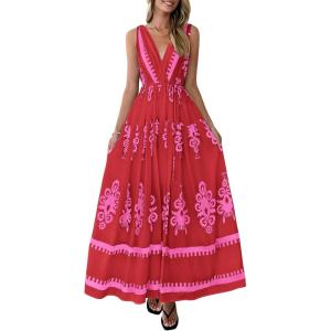 image:imagePRETTYGARDEN Womens Floral Maxi Dress 2026 Sleeveless Vneck Belt Ruffle Long Dresses Boho Summer Beach Vacation ClothesRed