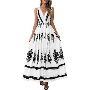 image:imagePRETTYGARDEN Womens Floral Maxi Dress 2026 Sleeveless Vneck Belt Ruffle Long Dresses Boho Summer Beach Vacation ClothesWhite Black Flower