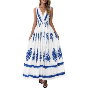image:imagePRETTYGARDEN Womens Floral Maxi Dress 2026 Sleeveless Vneck Belt Ruffle Long Dresses Boho Summer Beach Vacation ClothesWhite Blue Flower