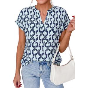 image:imagePRETTYGARDEN Womens Floral Print Short Sleeve Summer Tops 2026 Trendy V Neck Loose Boho Shirts Casual Work BlousesFloral Navy Blue