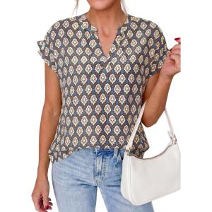 image:imagePRETTYGARDEN Womens Floral Print Short Sleeve Summer Tops 2026 Trendy V Neck Loose Boho Shirts Casual Work BlousesGrey Blue