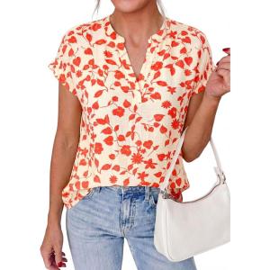 image:imagePRETTYGARDEN Womens Floral Print Short Sleeve Summer Tops 2026 Trendy V Neck Loose Boho Shirts Casual Work BlousesLight Apricot Orange Flower