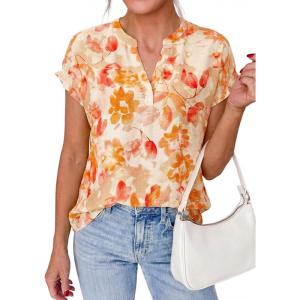 image:imagePRETTYGARDEN Womens Floral Print Short Sleeve Summer Tops 2026 Trendy V Neck Loose Boho Shirts Casual Work BlousesOrange