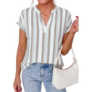 image:imagePRETTYGARDEN Womens Floral Print Short Sleeve Summer Tops 2026 Trendy V Neck Loose Boho Shirts Casual Work BlousesStriped White Red Brown