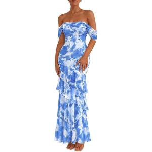 image:imagePRETTYGARDEN Womens Formal Cocktail Maxi Dresses 2026 Summer Off Shoulder Floral Mesh Bodycon Spring Wedding Guest DressFloral Blue