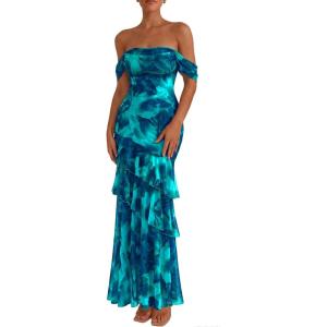 image:imagePRETTYGARDEN Womens Formal Cocktail Maxi Dresses 2026 Summer Off Shoulder Floral Mesh Bodycon Spring Wedding Guest DressFloral Blue Green