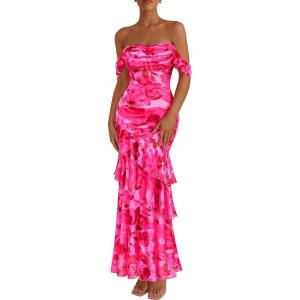 image:imagePRETTYGARDEN Womens Formal Cocktail Maxi Dresses 2026 Summer Off Shoulder Floral Mesh Bodycon Spring Wedding Guest DressFloral Pink