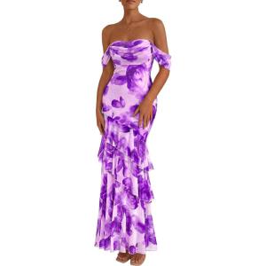 image:imagePRETTYGARDEN Womens Formal Cocktail Maxi Dresses 2026 Summer Off Shoulder Floral Mesh Bodycon Spring Wedding Guest DressFloral Purple
